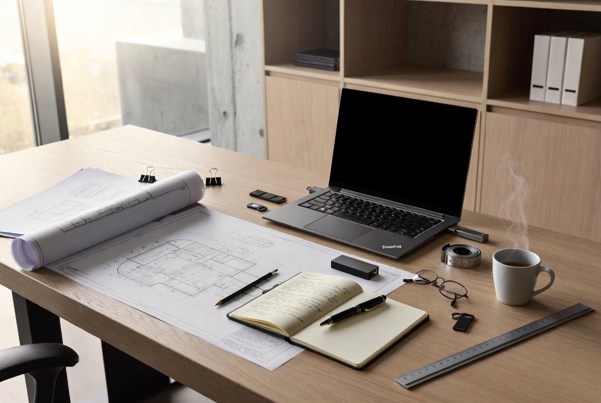 Mesa de trabajo con planos, notebook y documentación