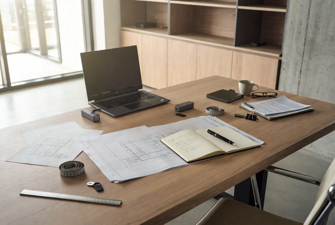 Mesa de trabajo con planos, notebook y expediente
