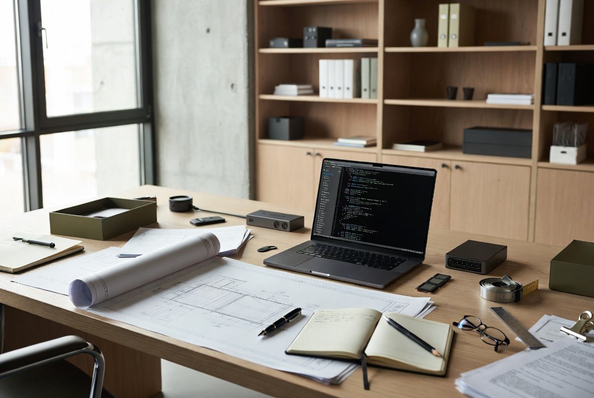 Mesa técnica con planos y equipo informático